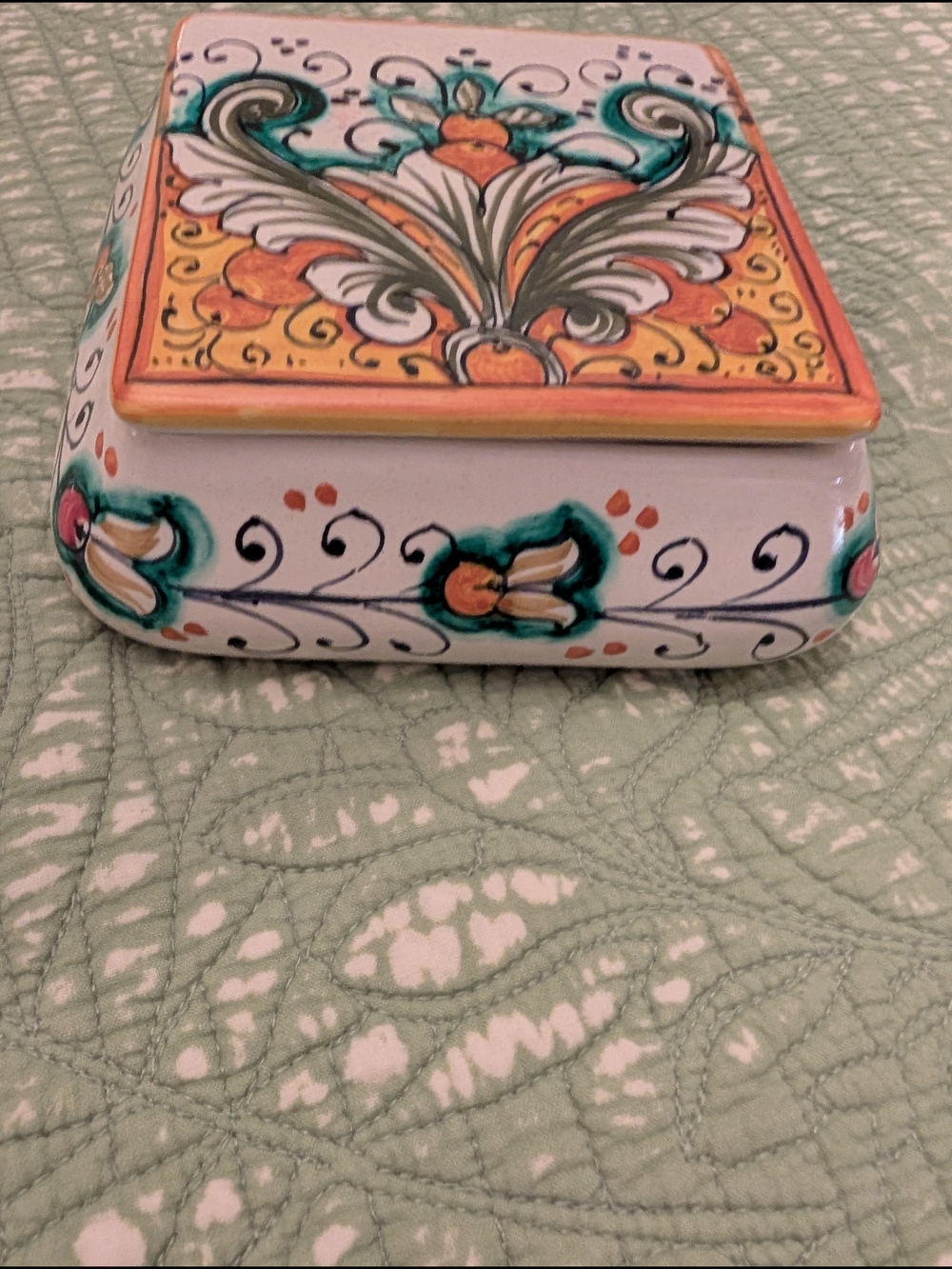 Hand-Painted Ceramic Decorative Box in White, Yellow, Green and Orange
